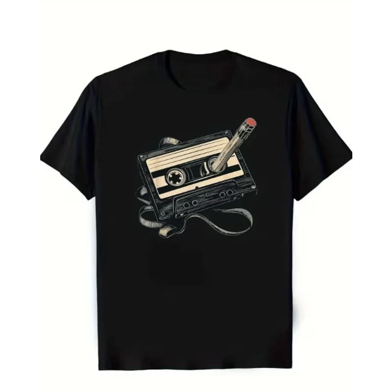 Men's Fashion T-shirt with Cassette Tape and Pencil Replication Pattern T-shirt 2026 Summer New Men's and Women's Top