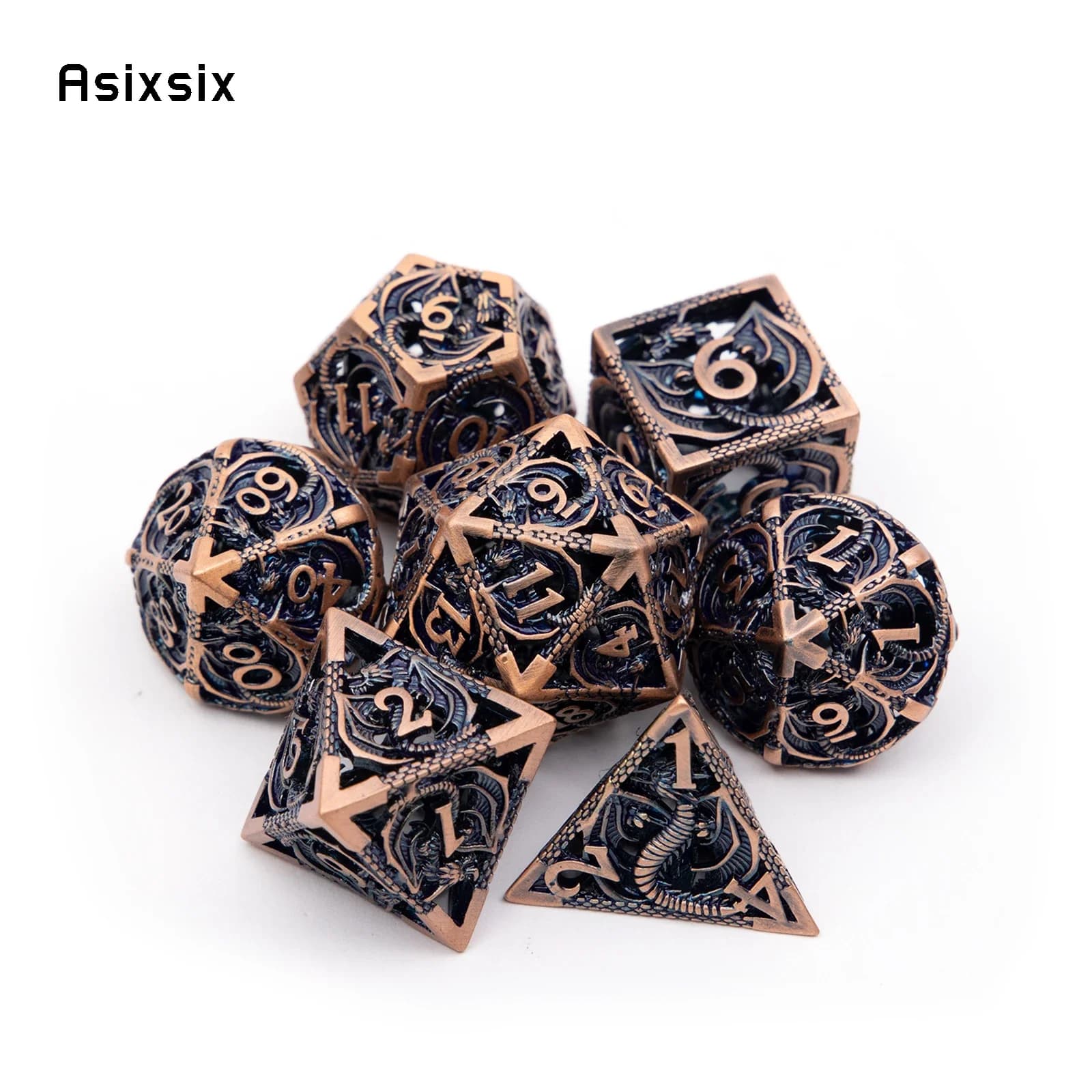 Set di 7 Dadi Metallici Neri Rame con Drago, Dadi Poliedrici Cavi in Metallo, Adatti per Giochi di Ruolo RPG, Giochi da Tavolo e Giochi di Carte