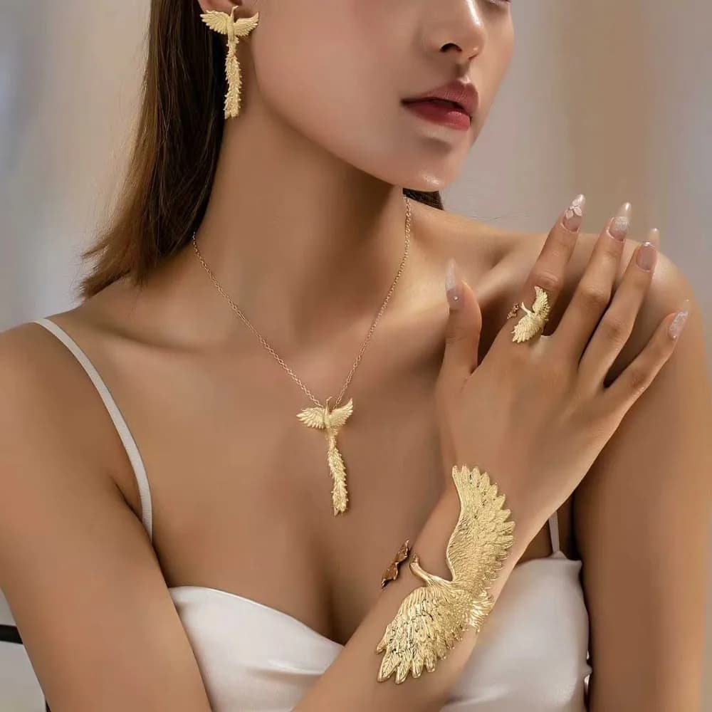 Retro Exaggerated Gold Color Phoenix Wings Bird Pendant Necklace Earrings Bracelet Set for Women Luxury Personality Jewelry Sets
