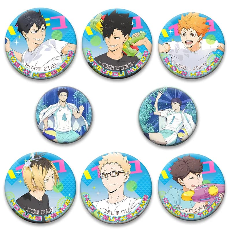 Volleyball theme ball with comic characters: Tsukishima Kei, Tobio Kageyama, Hinata Shoyo, Kuroo Tetsurou, Kozume Kenma. Animated cartoon style badge, fashion accessory.