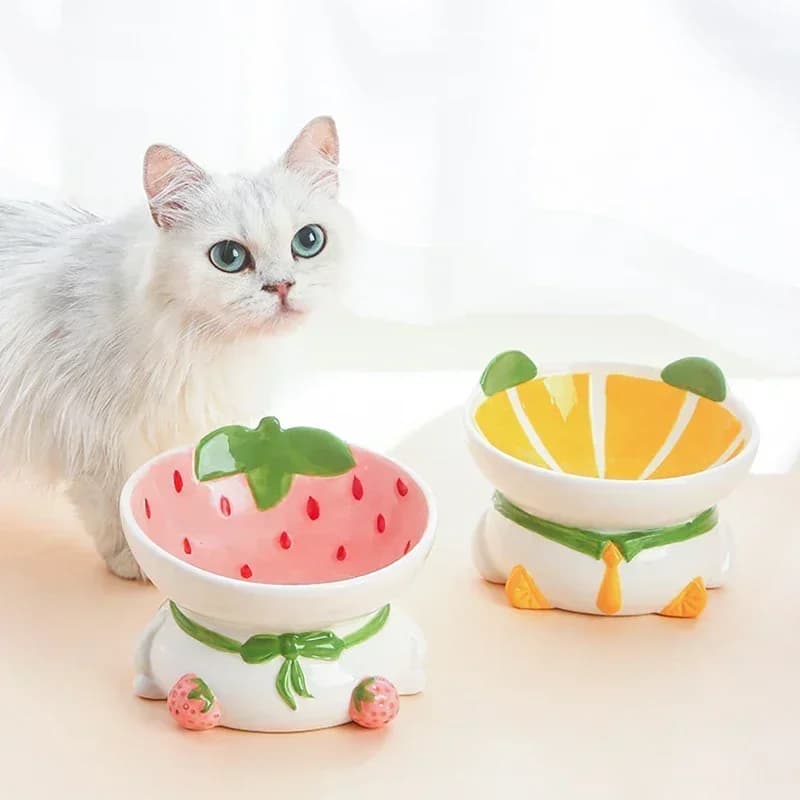 Cat Ceramic Bowl Small Dogs Non-slip Elevated Tilted Food Water Feeders Cute Fruit Shape Pet Feeding Supplies