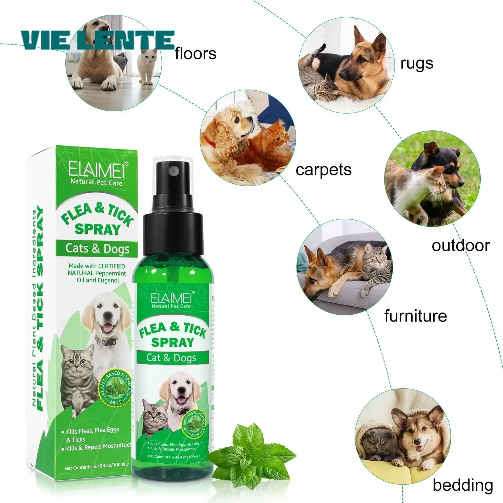 100ml Natural Pet Care struccante topico per pulci e zecche per cani e gatti con profumo fresco olio di menta piperita ed eugenolo