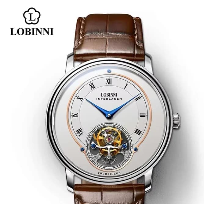 LOBINNI Men Tourbillon Watch Luxury 40mm Manual Winding Mechanical Wristwatch Sapphire Mirror Skeleton Dial Leather Strap