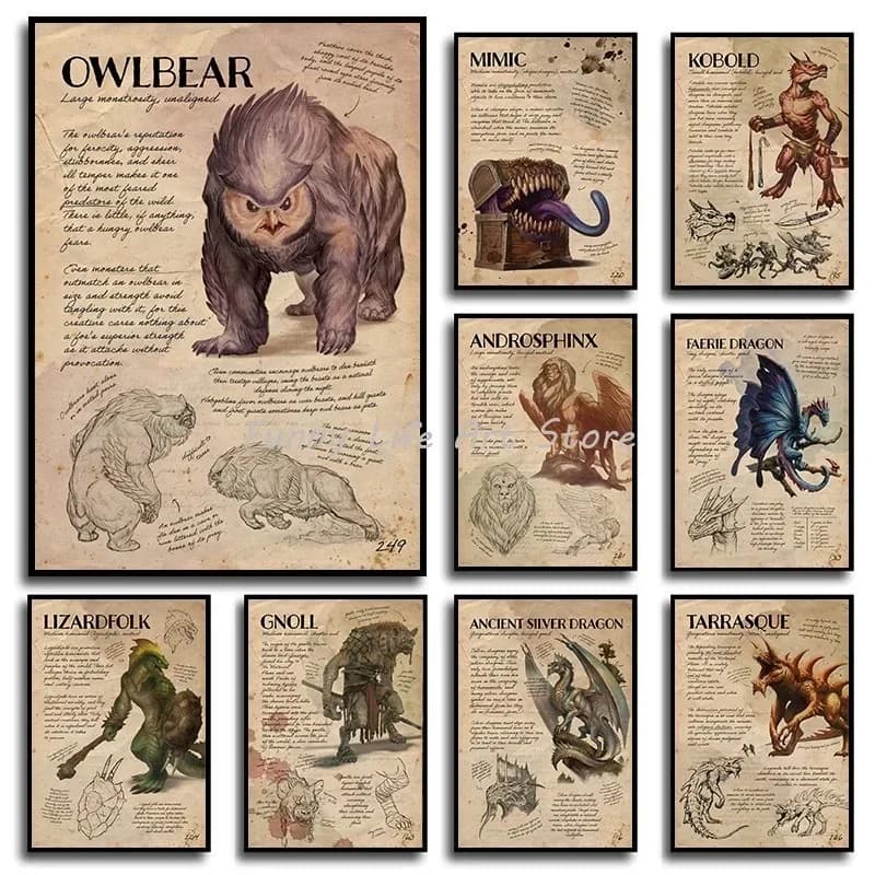 D&D Monster Manuale Gioco cinematografico Dungeons & Dragons Poster e stampe Stampa su tela Immagine artistica da parete per la decorazione della sala giochi Regalo