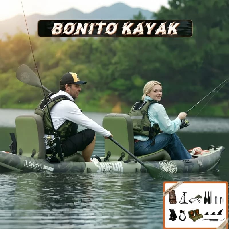 Kayak gonfiabile Funwater per 2 persone, modello Bonito, completo 12'*41" *6" con pagaia e portacanne, sedili regolabili e maniglia per il trasporto