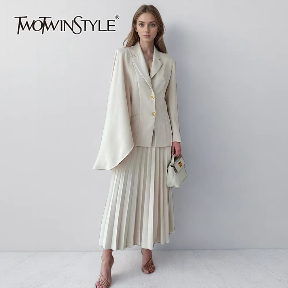 TWOTWINSTYLE elegante Set di due pezzi per donna colletto dentellato Blazer asimmetrico a maniche lunghe gonna a vita alta Set larghi femminile