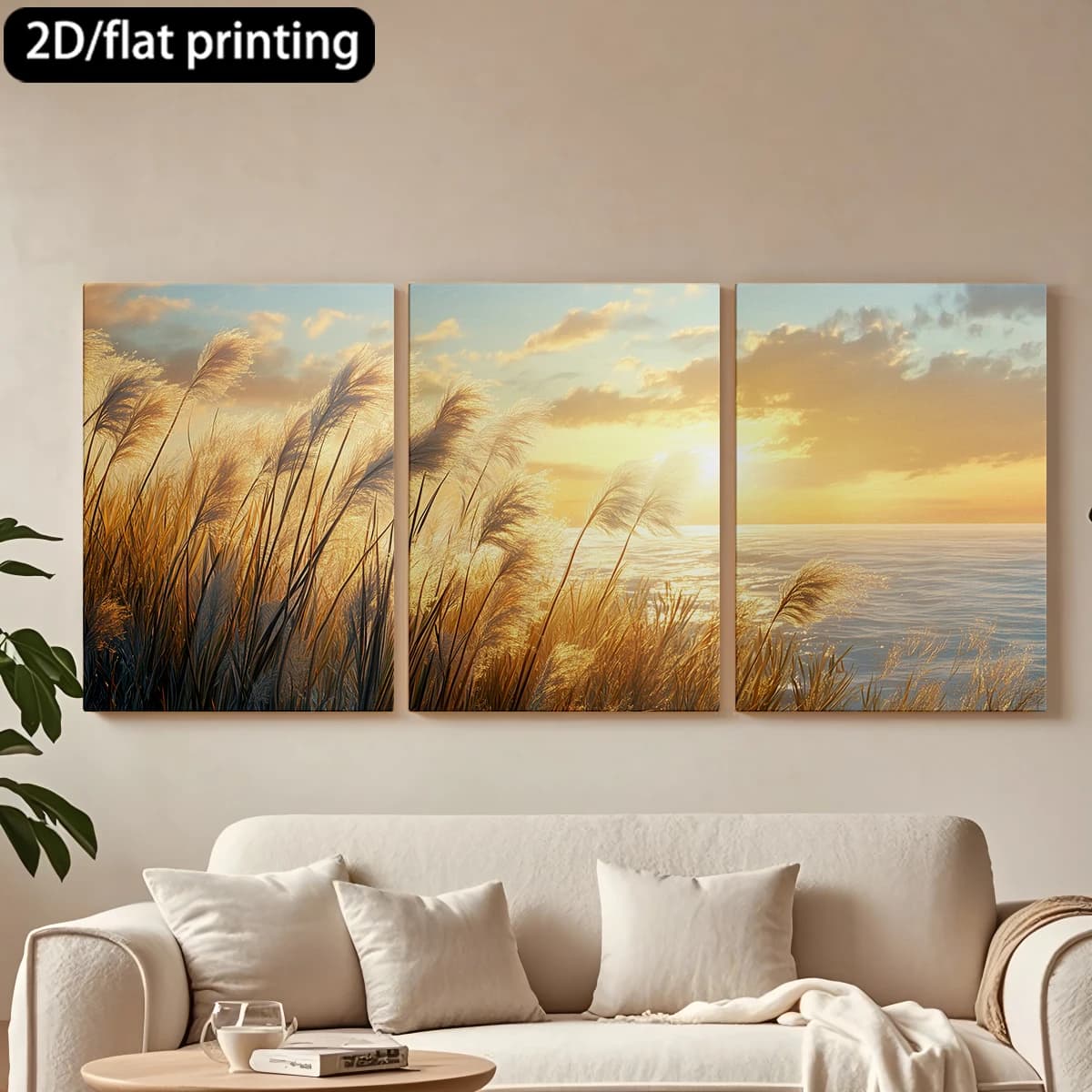 Decorative painting on canvas with wooden frame, 3 pieces. Golden barrel, sea, radiant sunset. Tende per camera da letto ikea.