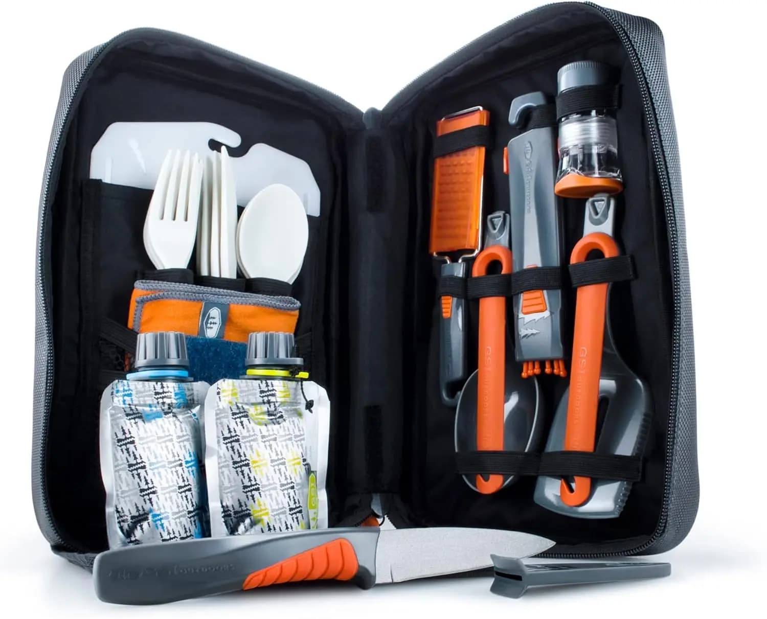 Set da Cucina da Campeggio 24 Pezzi con Posate, Utensili, Contenitori per Spezie e Custodia da Viaggio per Cucina all'Aperto, Campeggio, Camper