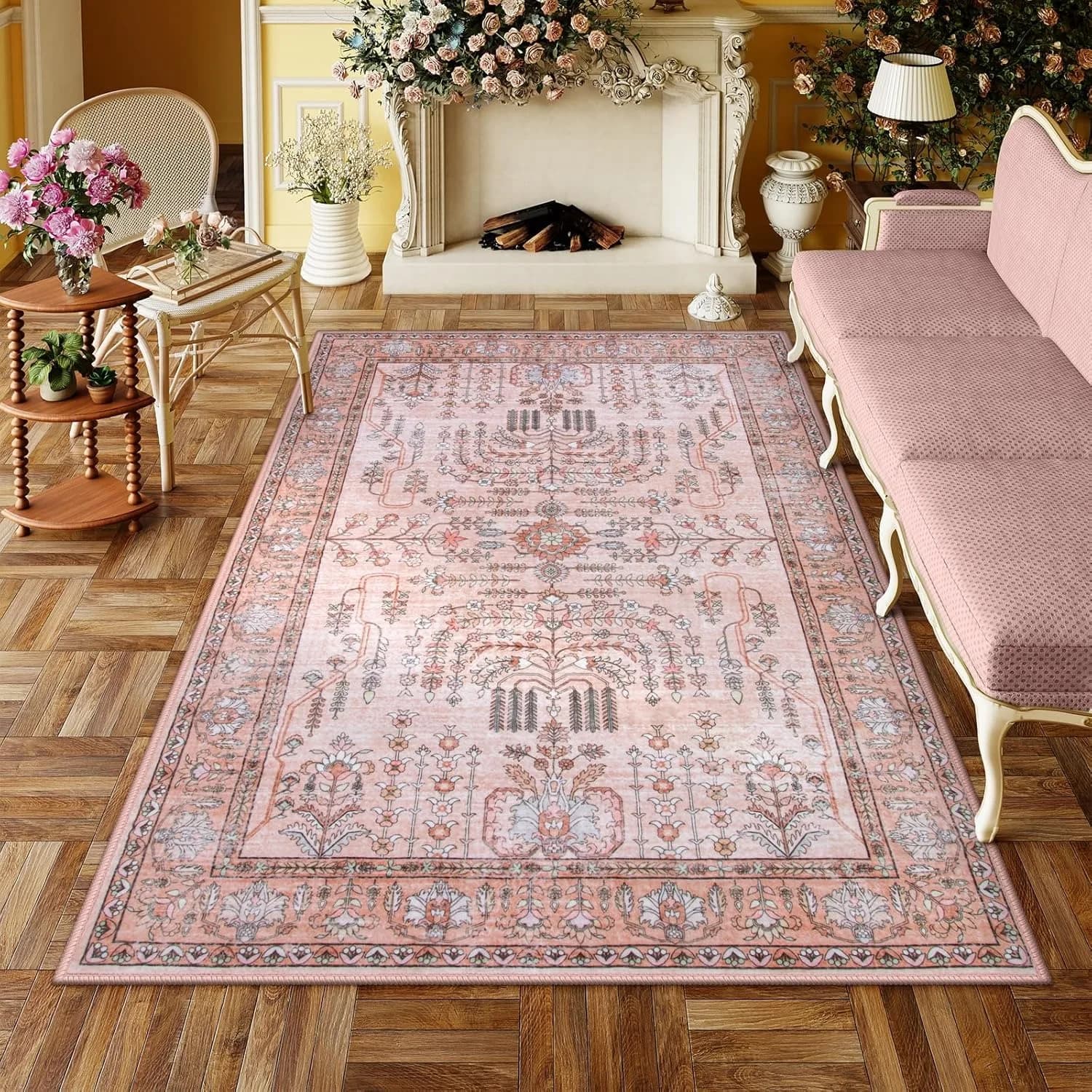Tappeto da soggiorno rosa Tappeti con fiori vegetali Tappeto antiscivolo lavabile in lavatrice Tappeti per la decorazione della casa per tappetino da comodino della camera da letto