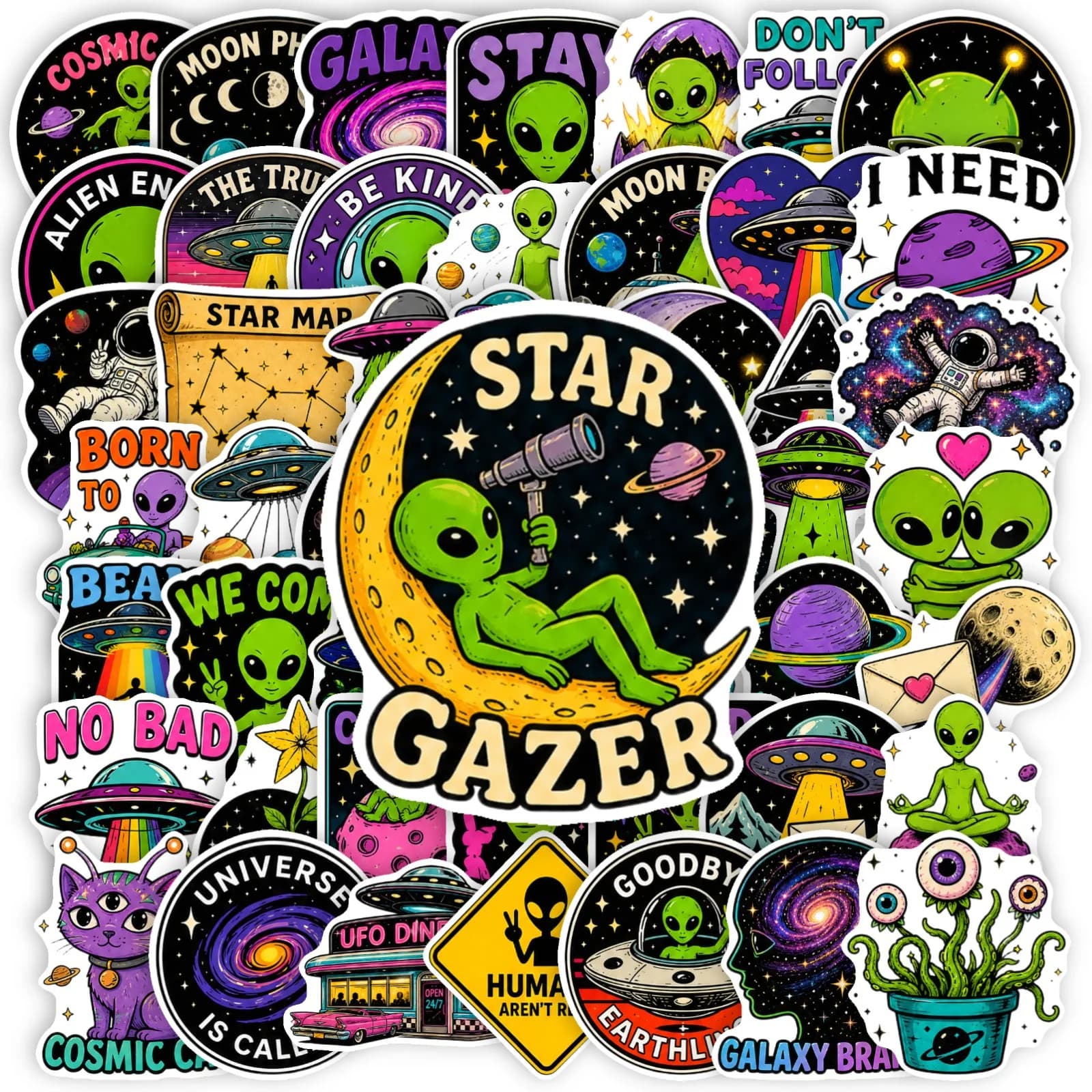 50Pcs Waterproof Space Alien Signal Cartoon Stickers Astronaut Moon DIY Decor for Journals Water Bottles Phone Cases