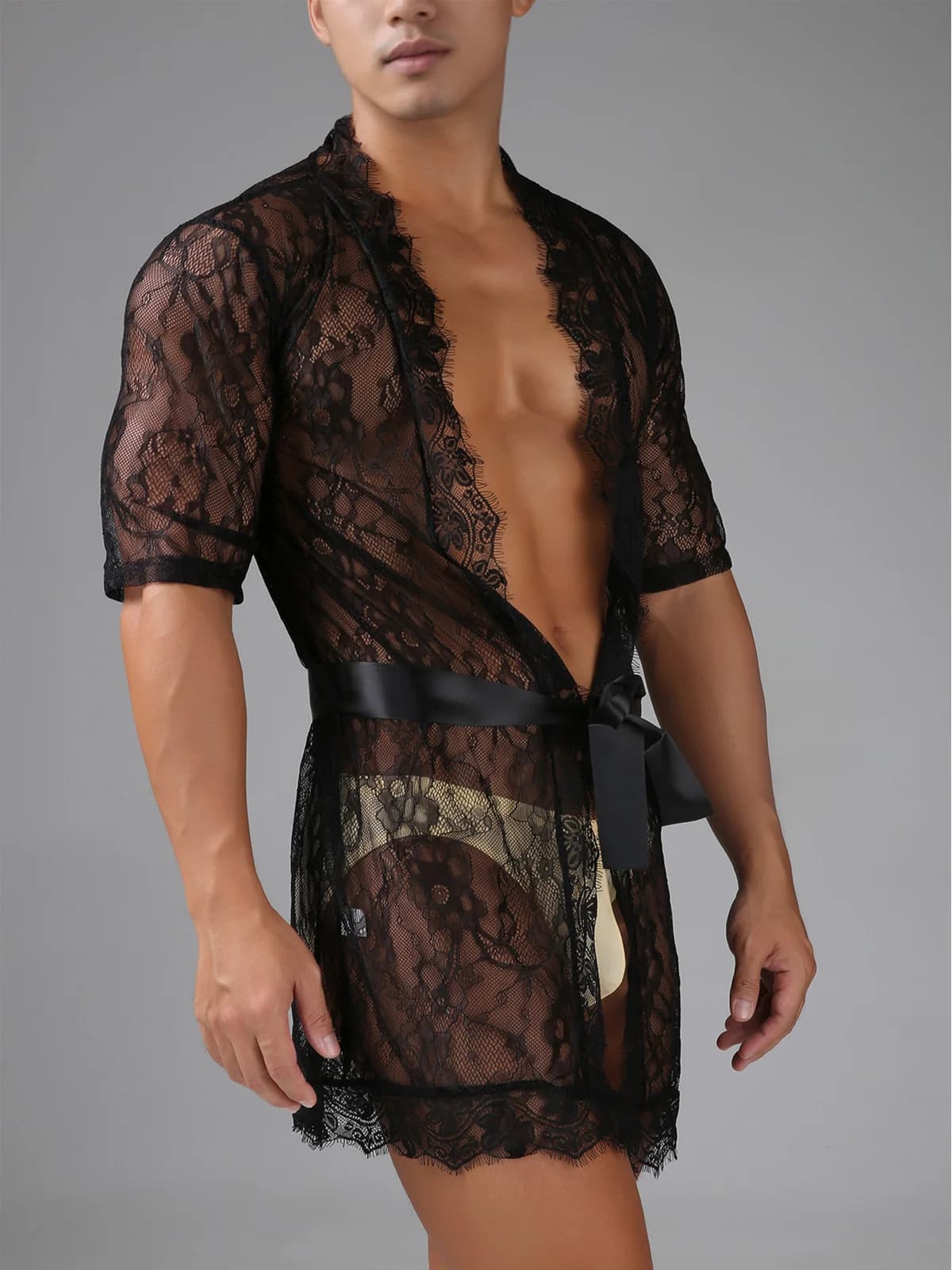 Men's Linen Sexy Lace Bathrobe Nightwear Nightwear Transparent Crossdressing Bata Hombre Night Dress Kimono Belt Night Shirt