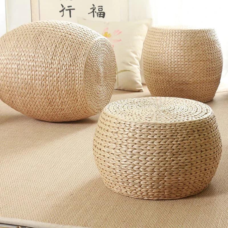 31x31x20 cm Stile giapponese Poggiapiedi rotondo Sgabello intrecciato in rattan Piccolo sedile antiscivolo Panca Cuscino Pavimento Pouf Tappetino di paglia Decorazioni per la casa