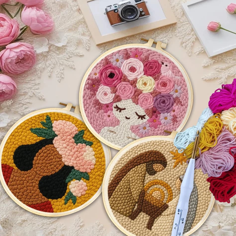 20x20cm Punch Needle Embroidery Kit Floral Girl Punch Needle Embroidery Frame Starter Set Needlework Cross Stitch Kits for Adult