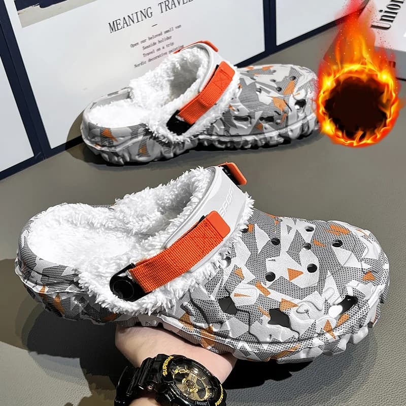 Pantofole da uomo in cotone calde e spesse con fodera in pile, a punta chiusa, per autunno e inverno, da casa e per esterni