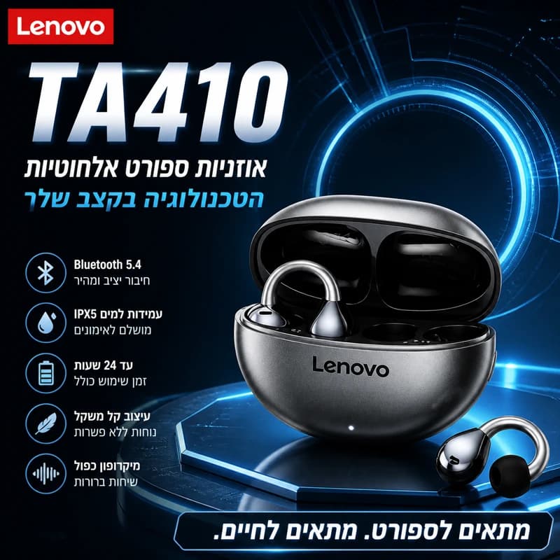 Original Lenovo TA410 TWS Panoramic Sound Effects Wireless Earbuds Ear Clip Bone Conduction With Mic Bluetooth 5.4 Headphones