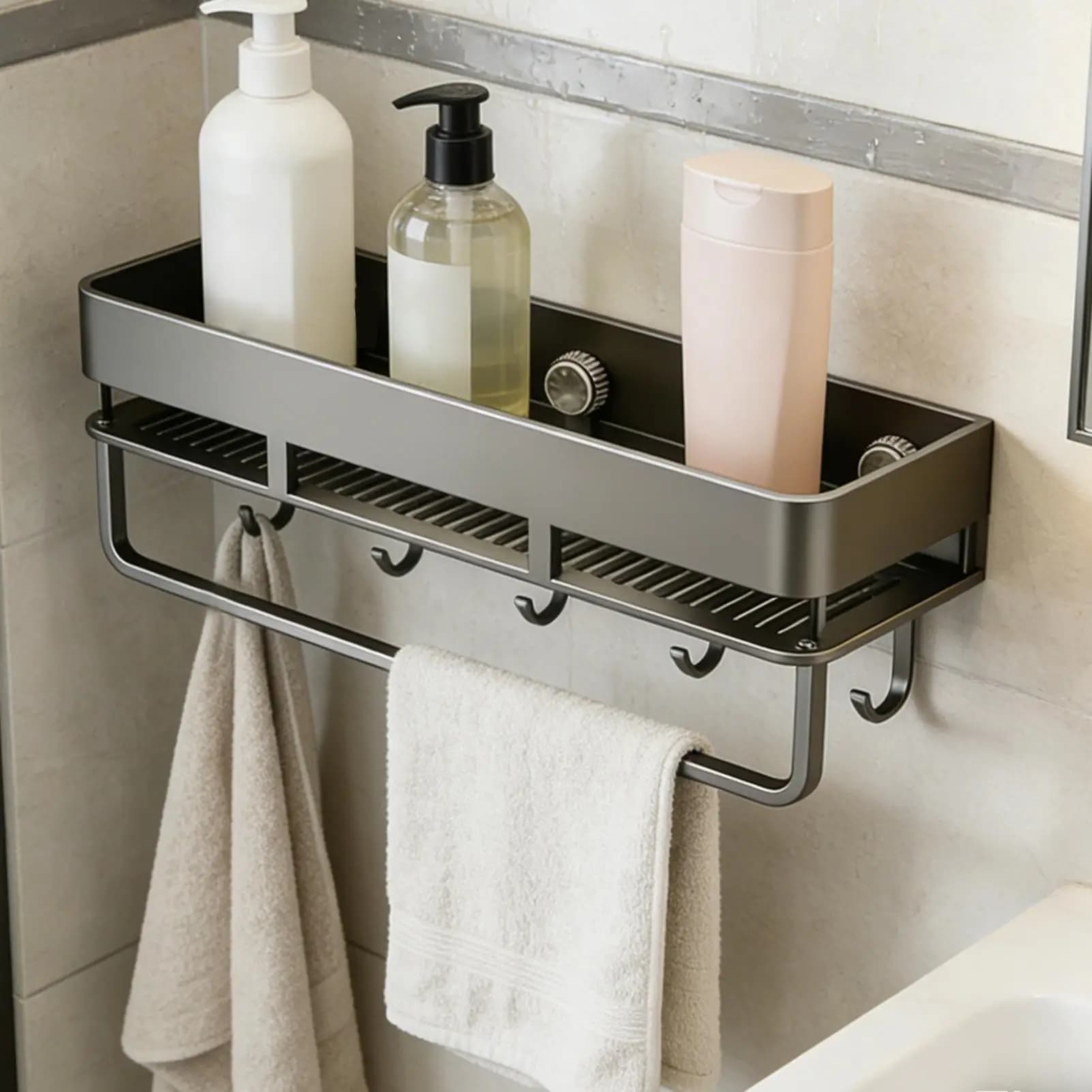 Mensola doccia a ventosa senza foratura con ganci, organizer doccia a ventosa per bagno, cucina, camper, toilette, casa, appartamento