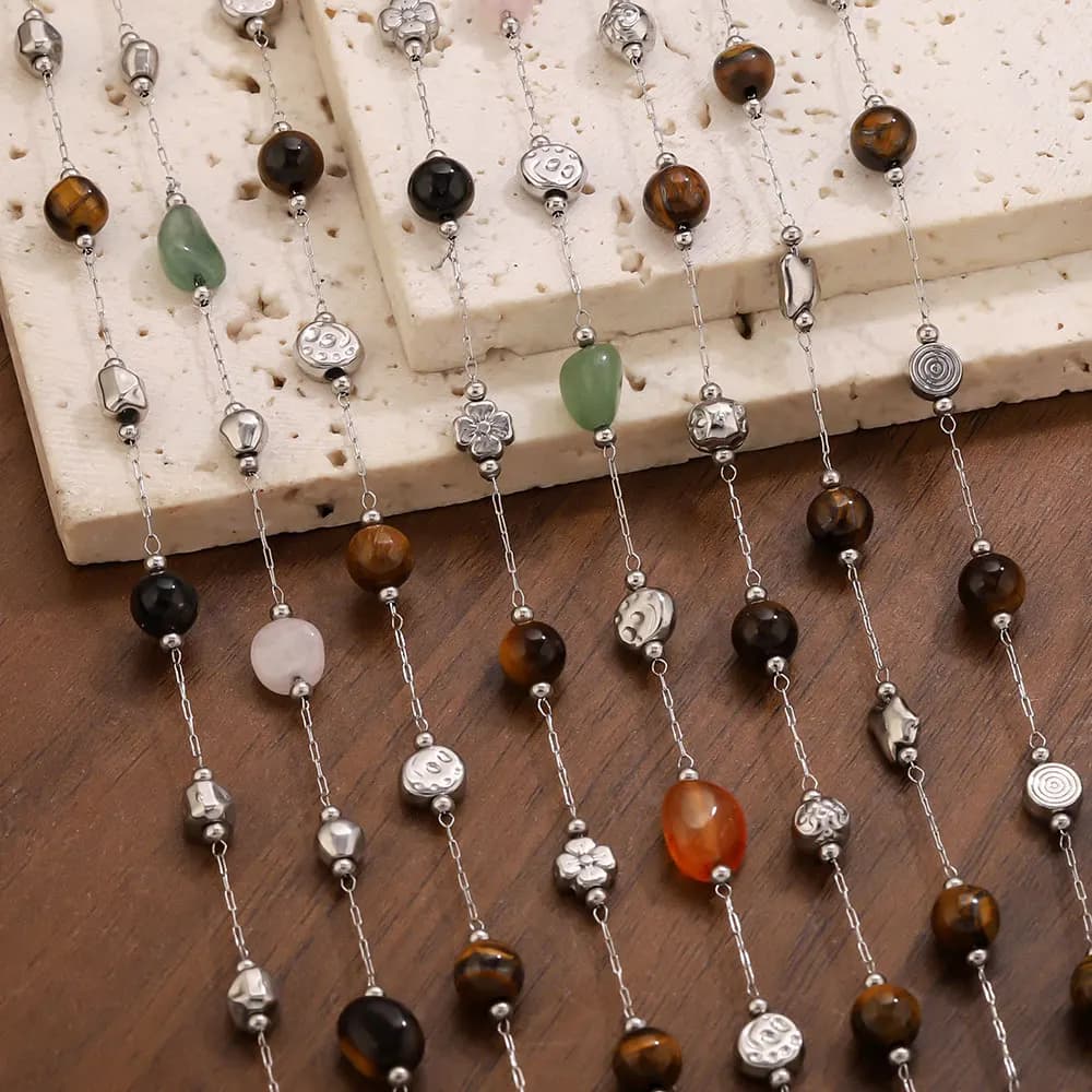 Catena di Perline in Acciaio Inox da 1m con Pietre Irregolari, Elegante Catena Boho Fatta a Mano per Creazione di Collane e Bracciali Fai-da-Te