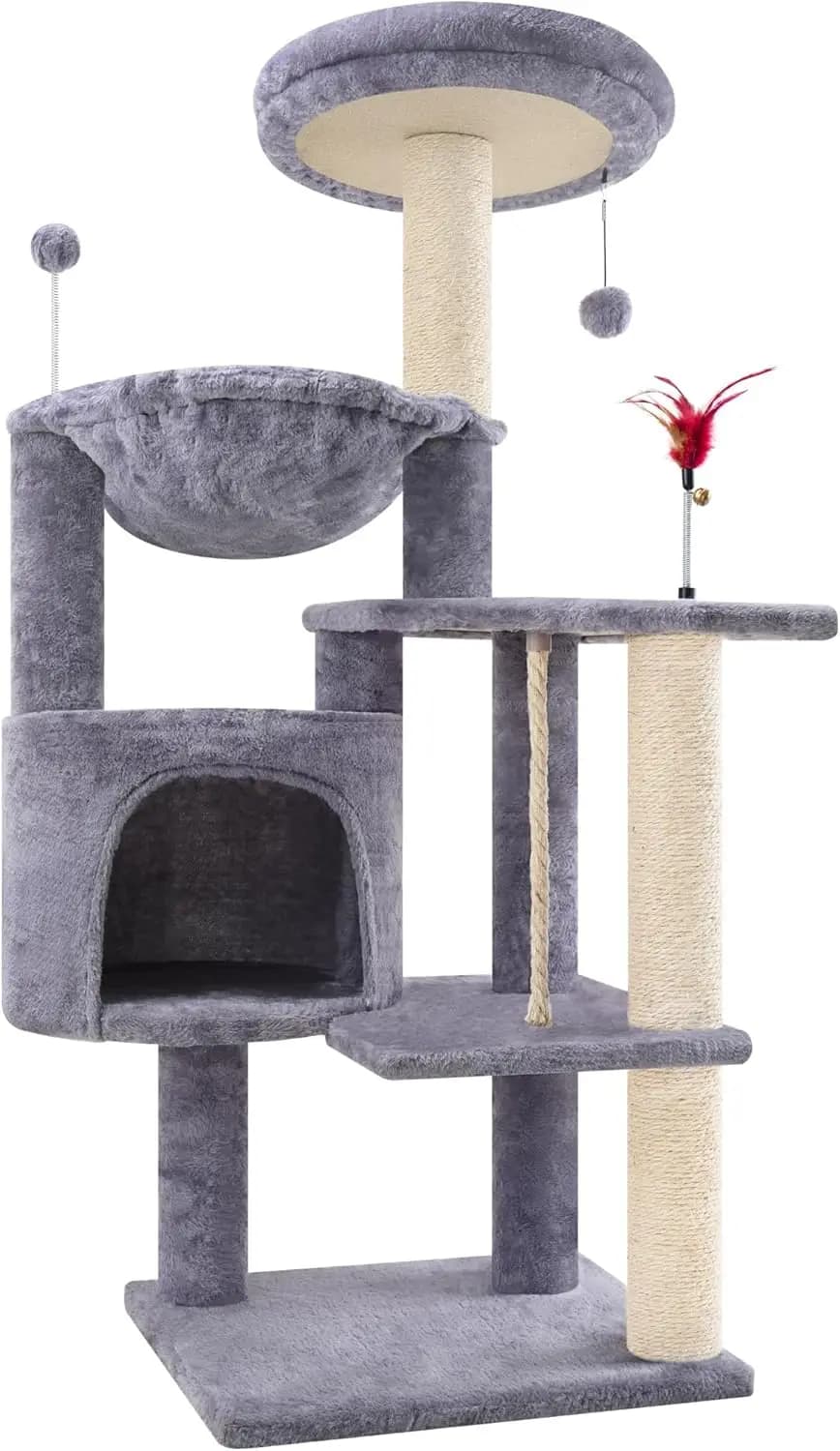 Tiragraffi per Gatti da Interno 42.5'', Torre Multifunzionale con Cuccia Accogliente, Piattaforme, Tiragraffi e Amaca, Grigio…