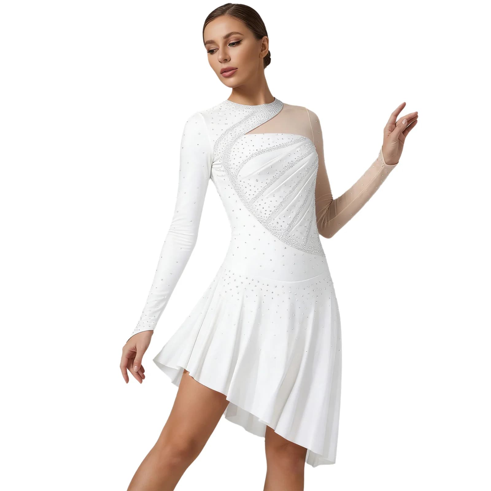 Costume da Danza Lirica per Donne, Pattinaggio Artistico, Ginnastica Ritmica, Abito con Strass Luccicanti e Maniche Lunghe in Rete, Leotard da Ballo