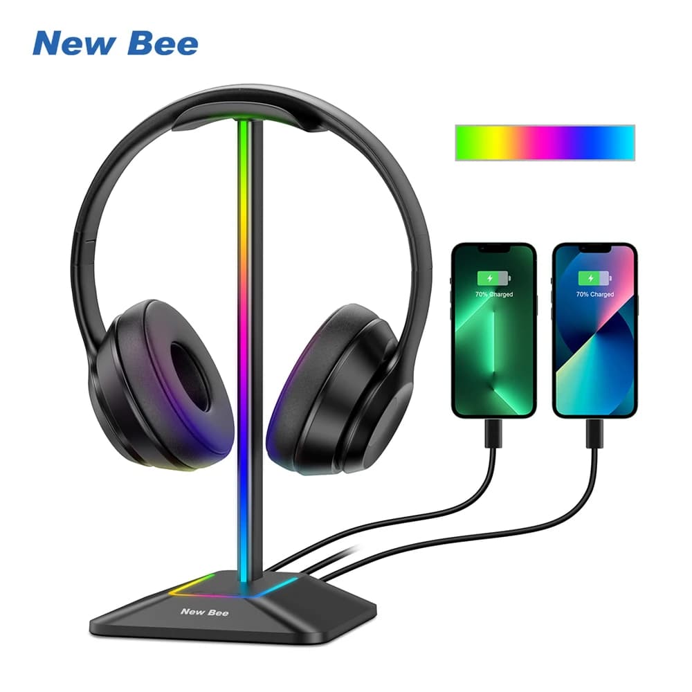 New Bee Z8 RGB Headphone Support with 2 USB Doors Board Headphones Support for Cool Displays Non-slip rubber base for players