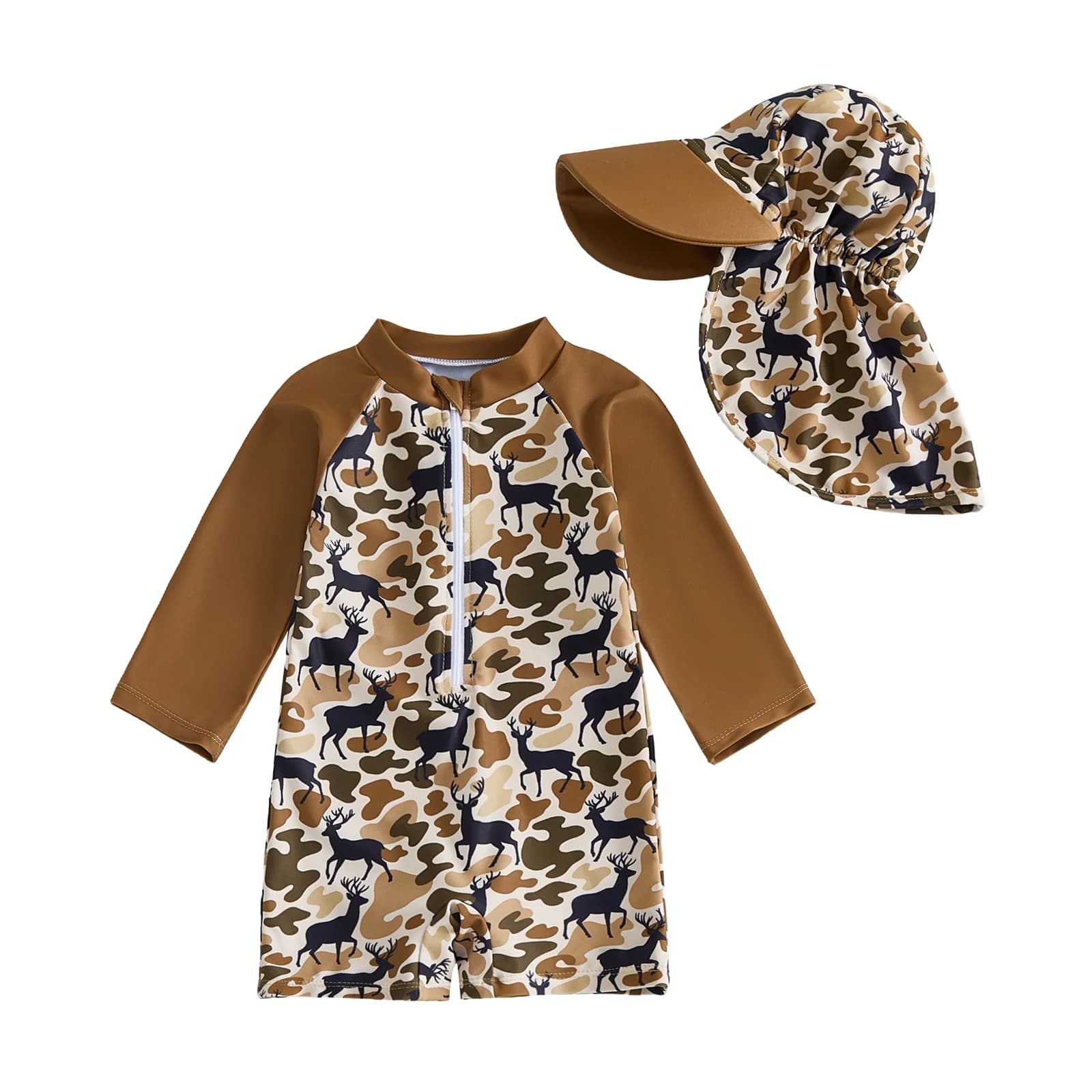 Costume da bagno per neonato con protezione solare e cappello, set da 2 pezzi, mimetico, con mezza zip, maniche lunghe