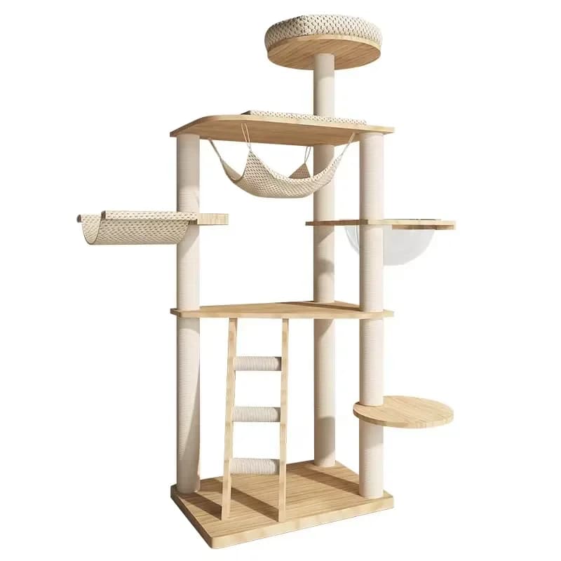 for Modern Luxury Wood 5 Level Eco Friendly Cat Tree Tower with Scratcher and Climbing Features Carton Packed Wholesale