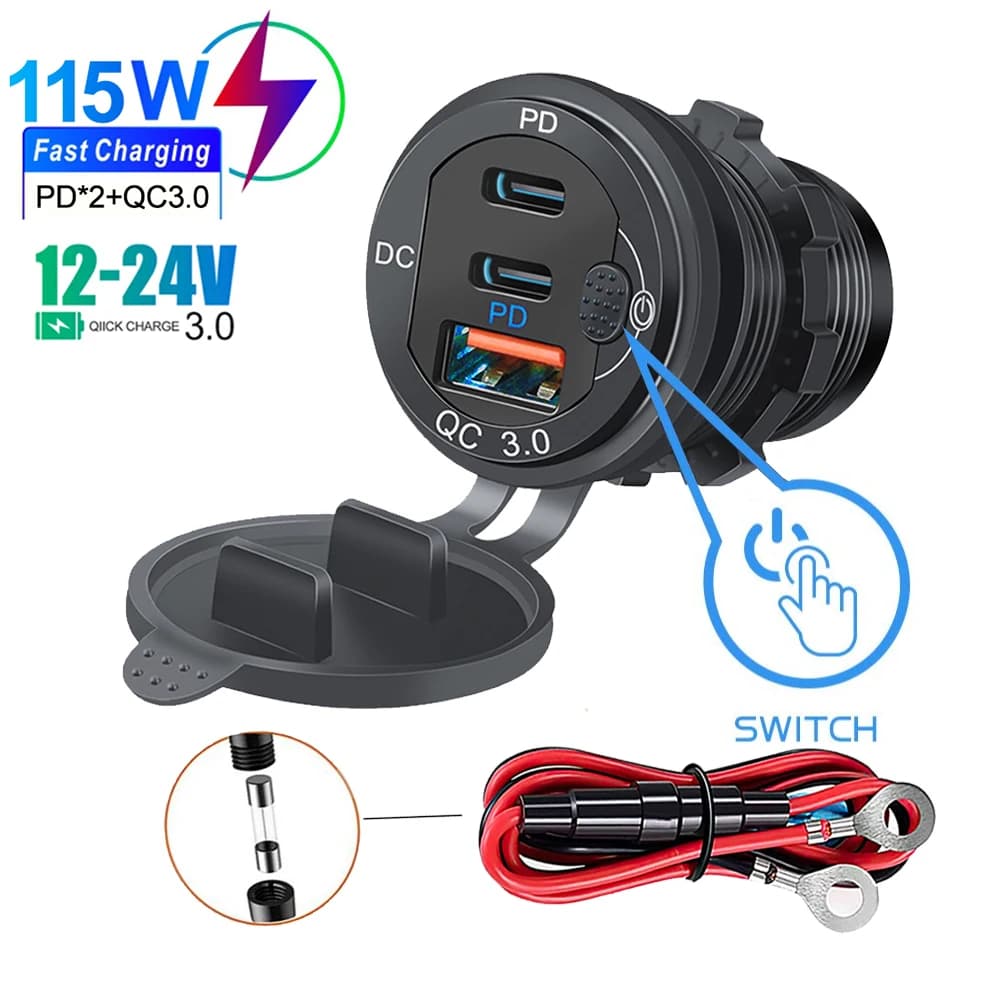 115W Car Charger QC3.0 and PD Type C Three USB Car Charger Socket With Voltmeter Switch Aluminium Metal Quick Charge Adapter