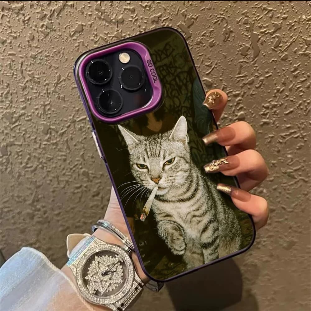 Fashion Kitten Smoking Pattern Matte Phone Case For iPhone 17 16 15 14 13 12 11 Pro Max 12 Plus 17E 16E Shockproof Hard PC Funda