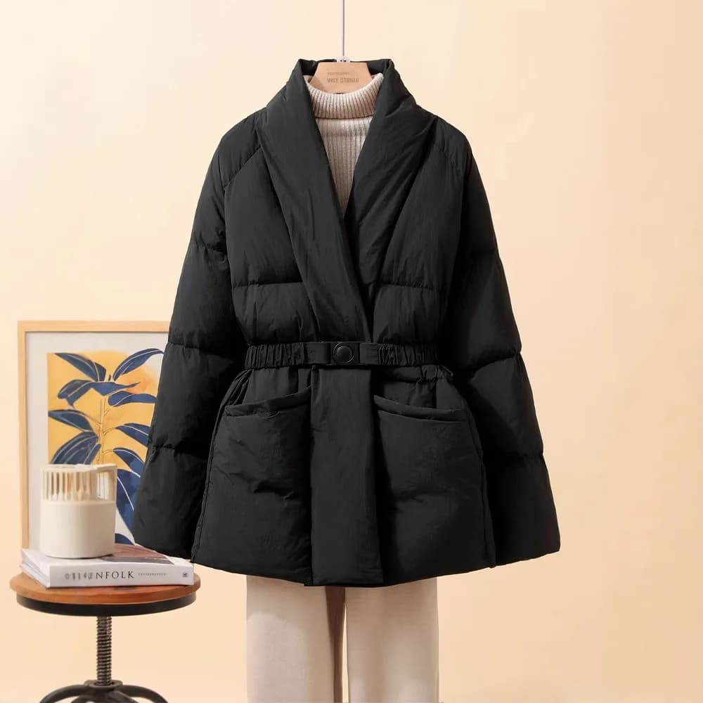 Cappotto in cotone con temperamento di nuova moda donna inverno caldo tinta unita scollo a V raccolto giacca in vita cappotti Parka con cintura