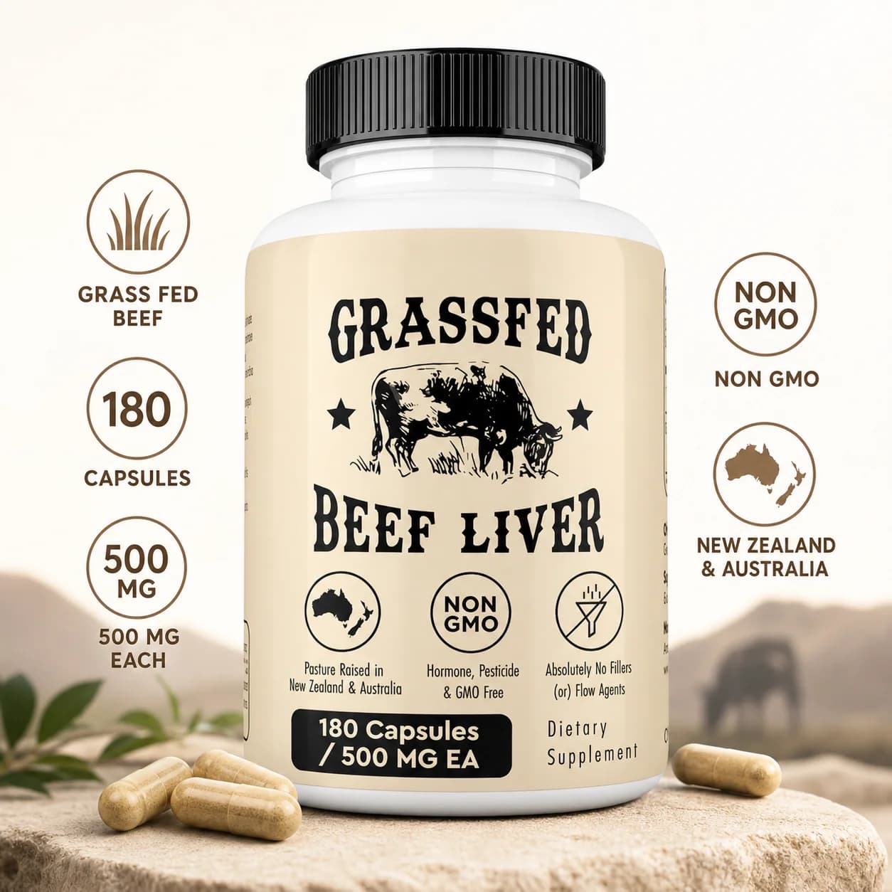 Capsule di Fegato di Manzo da Pascolo 500mg Ciascuna, Integratore di Fegato Bovino da Pascolo, Non OGM, 180 Capsule