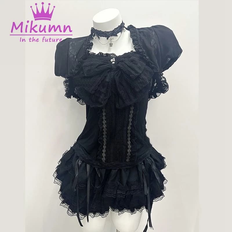 Mikumn Gothic Lolita Set 3 Pezzi in Pizzo Nero da Donna: Cardigan con Maniche a Sbuffo + Top con Fiocco + Minigonna a Strati, Outfit Estetico Y2K Kawaii