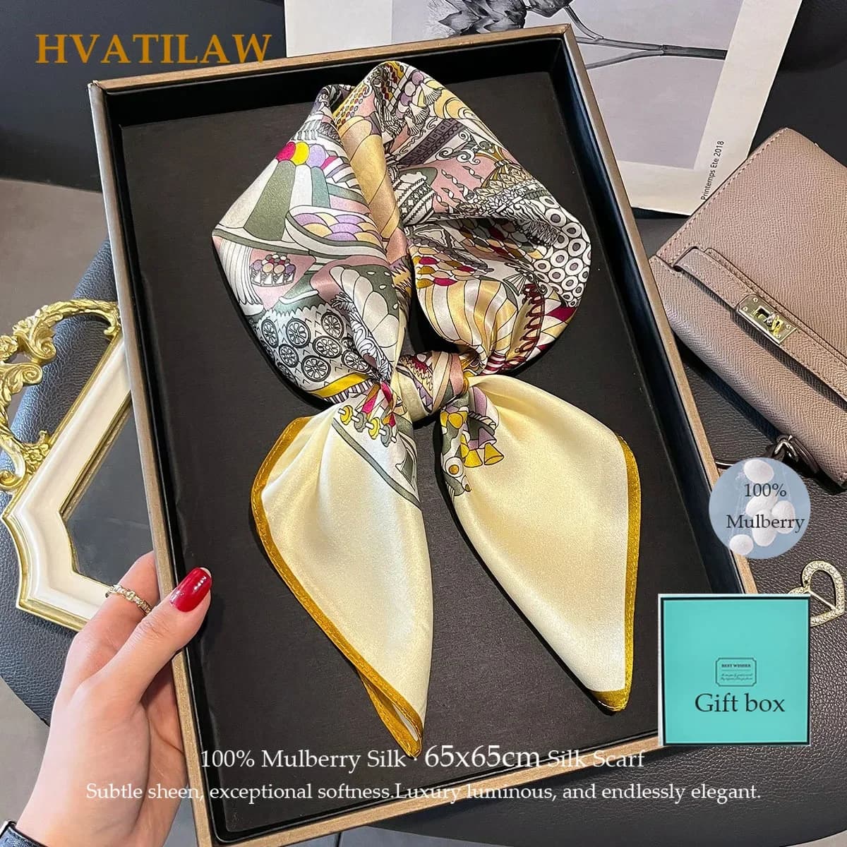 100% Pure Silk Scarf Luxury Women Mulberry Silk Foulard Bandana Headband Hijab Poncho Summer Square Scarves Pashmina Shawl Wrap