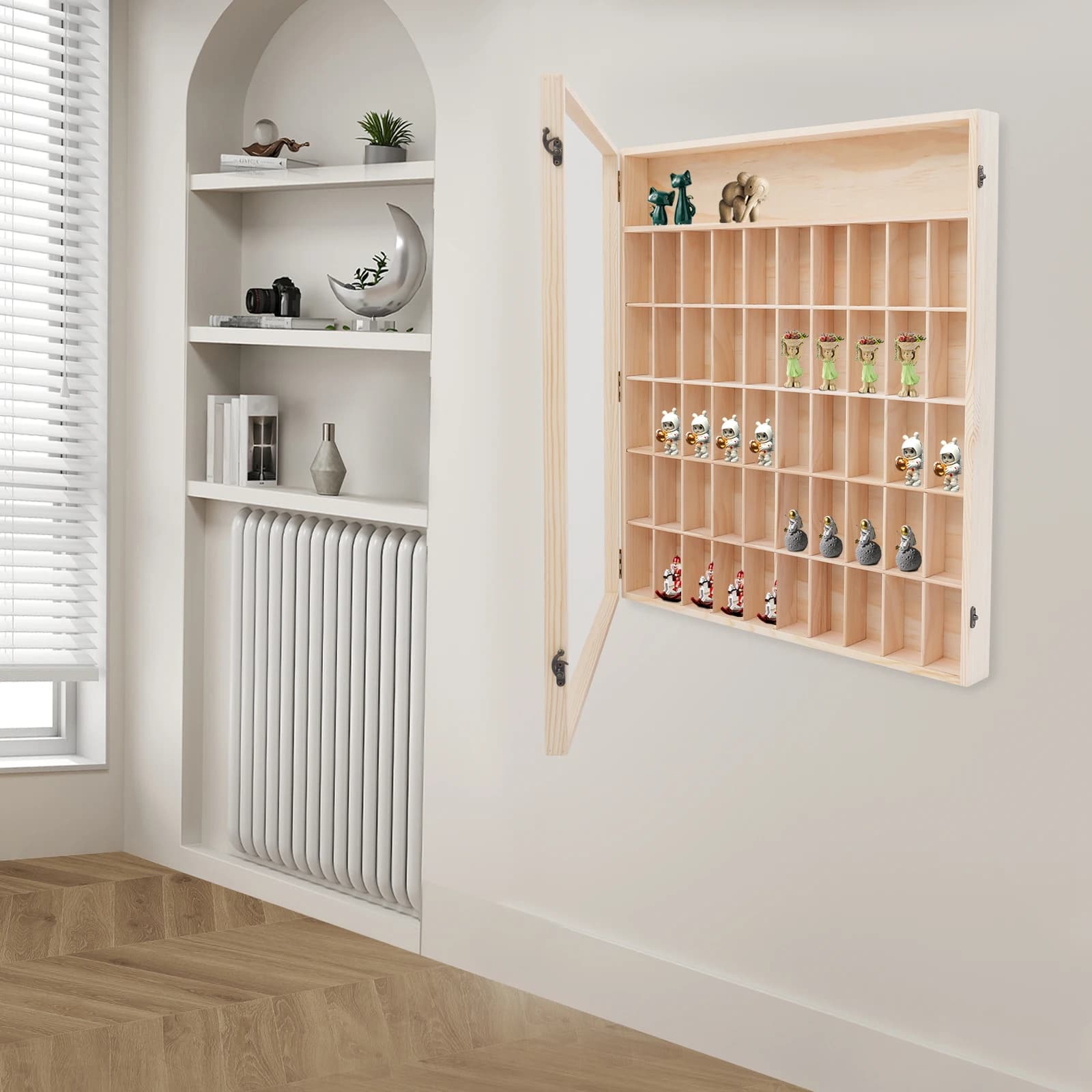 Wall mounted wooden showcase with 50 grid compartments, premium modern showcase for action figures and collection models
