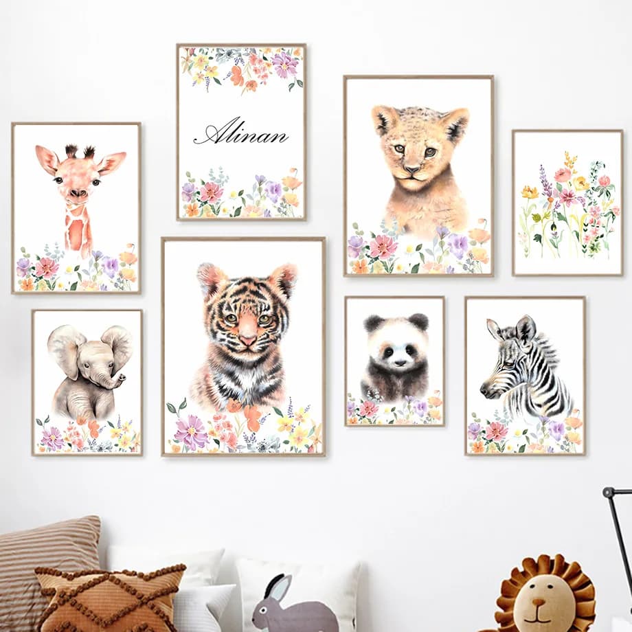 Quadri e Stampe Personalizzabili con Nomi, Tigre, Panda, Elefante, Giraffa, Decorazioni da Parete per Cameretta, Quadri Diamantati per Bambini e Neonati