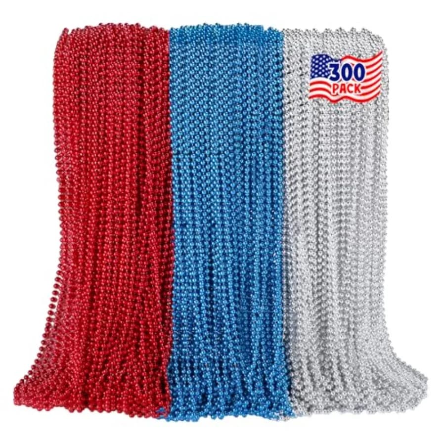 4th of July Accessories Patriotic Bead Necklaces, 33inch Red Blue Silver Necklaces Bulk, 4th of July Decorations for Parade Par