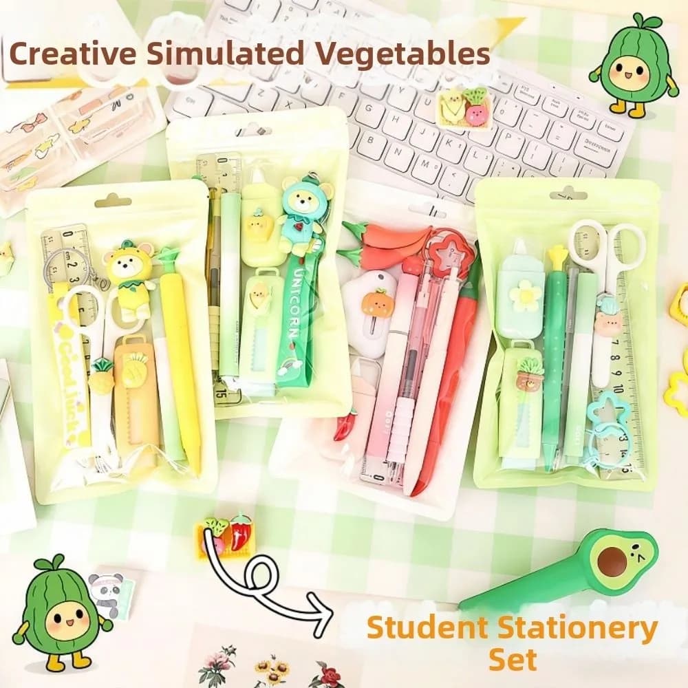 Set di cancelleria serie Verdure Simulate: Penne gel multifunzione, evidenziatori, matite etereali - Regalo per il ritorno a scuola per bambini