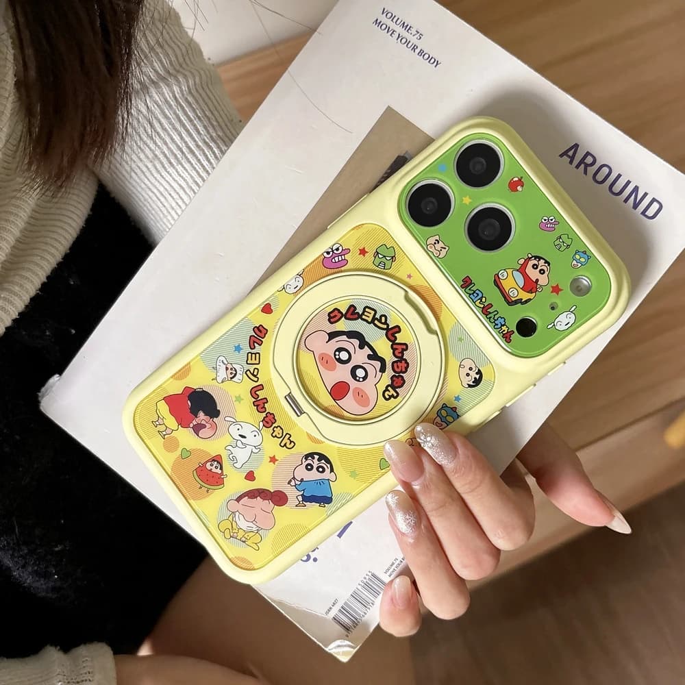 Simpatico Cartone Animato Giapponese Crayon Shin-chan 360 ° Custodia per iPhone 17 16 15 Pro Max con supporto girevole e anello di supporto integrato