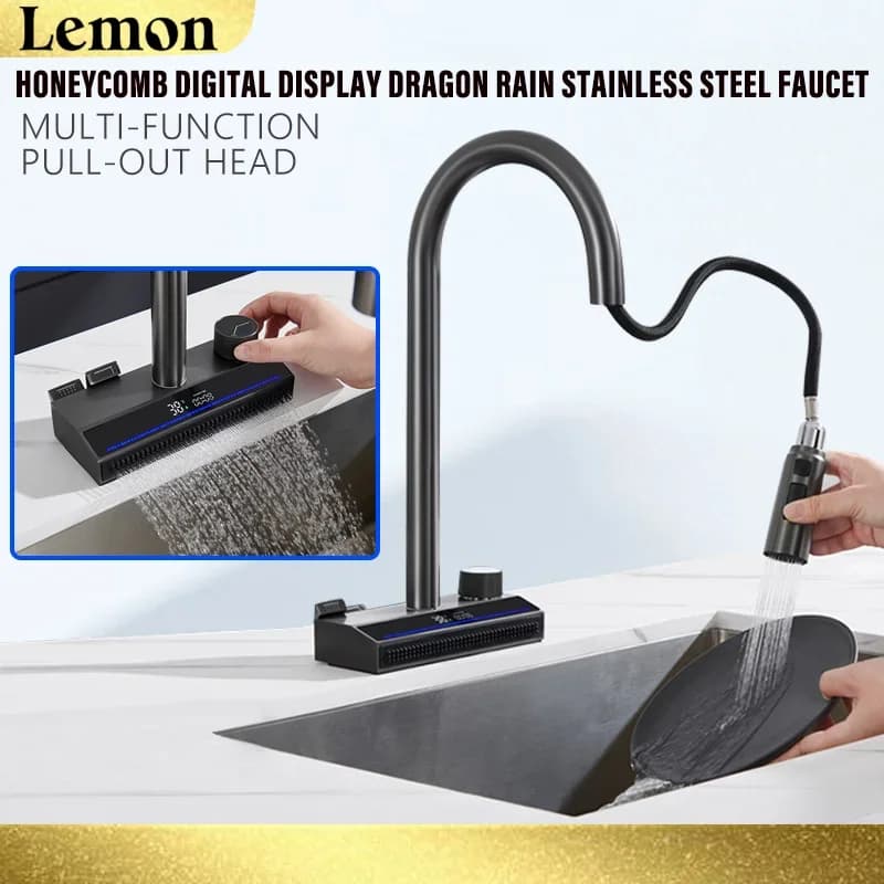 Set di rubinetti per lavello da cucina in ottone canna di fucile grigio, vasca singola con rubinetto a cascata con pioggia a mosca, display digitale, miscelatore da bagno moderno