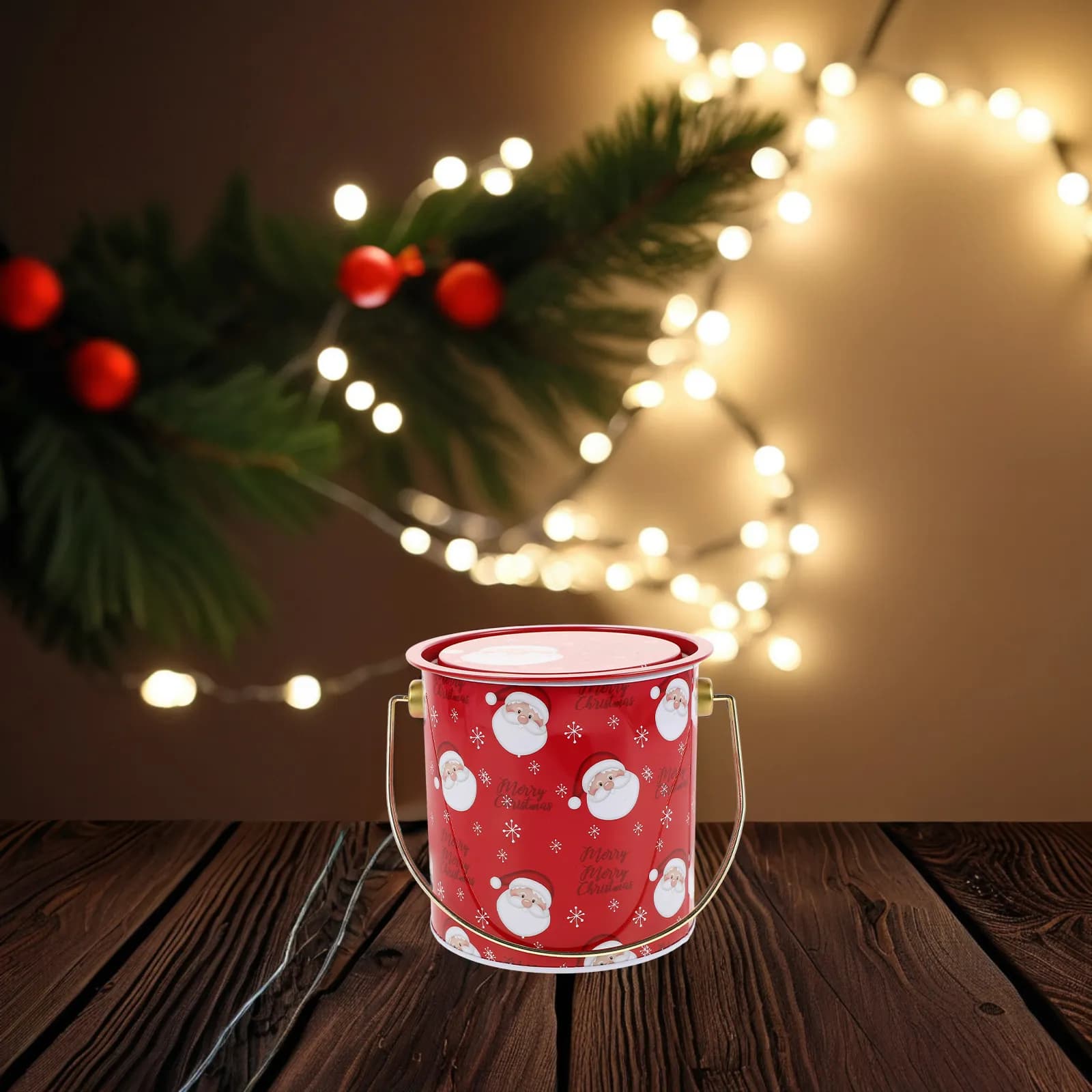 Tinplate Christmas Buckets Holiday Storage Containers for Cookies Candy Snacks Dried Fruits with Sturdy Handle Festive Party