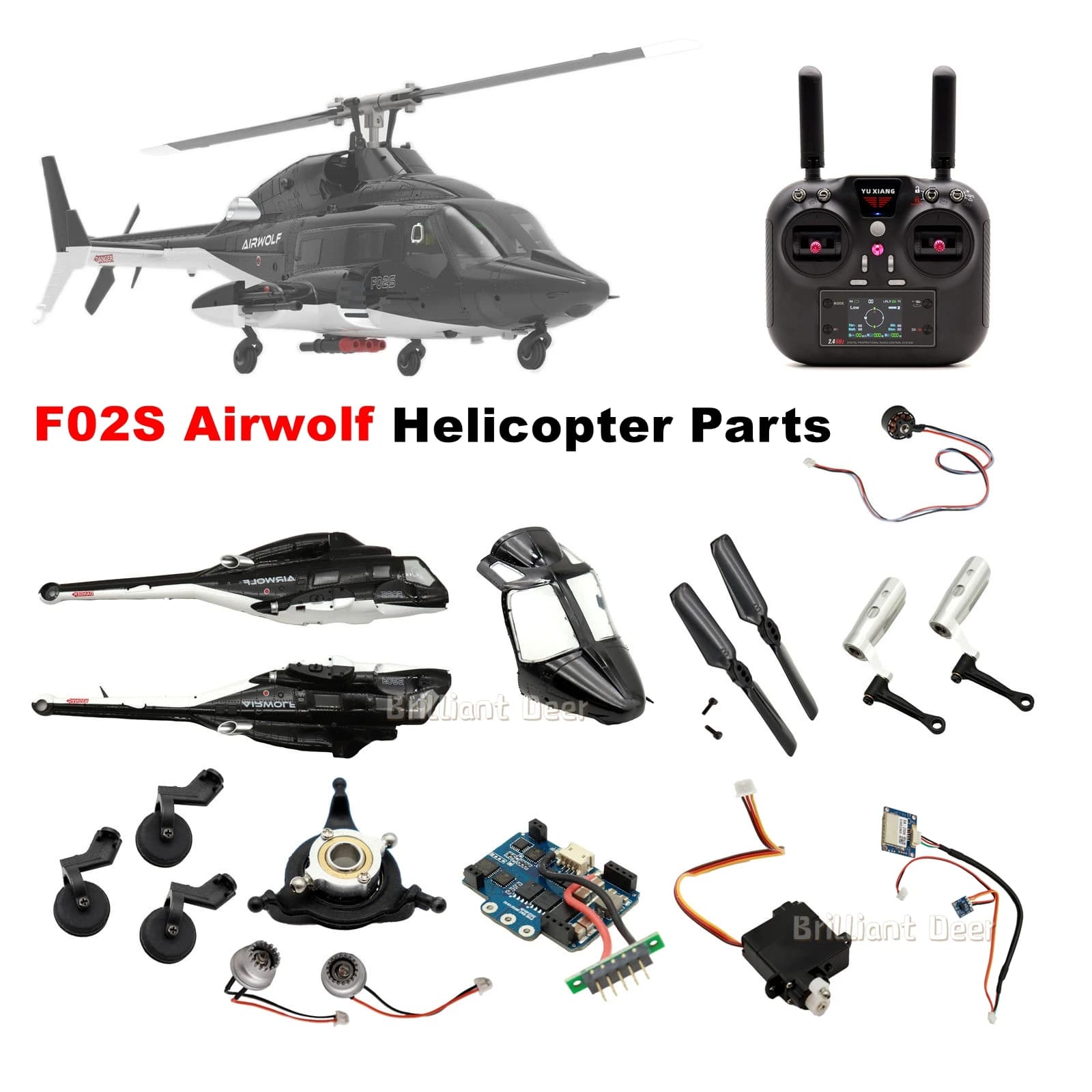 Parti Originali per Elicottero YUXIANG F02S Airwolf: Pala Principale, Testa del Rotore, Servomotore, Scheda di Controllo di Volo, Trasmettitore