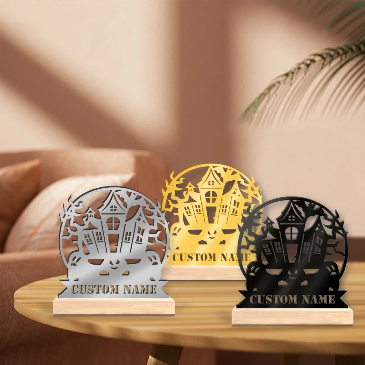 1pc Customized Metal Handicraft Ornaments Customizable Content With Wooden Base Bar Decoration, Holiday Gifts