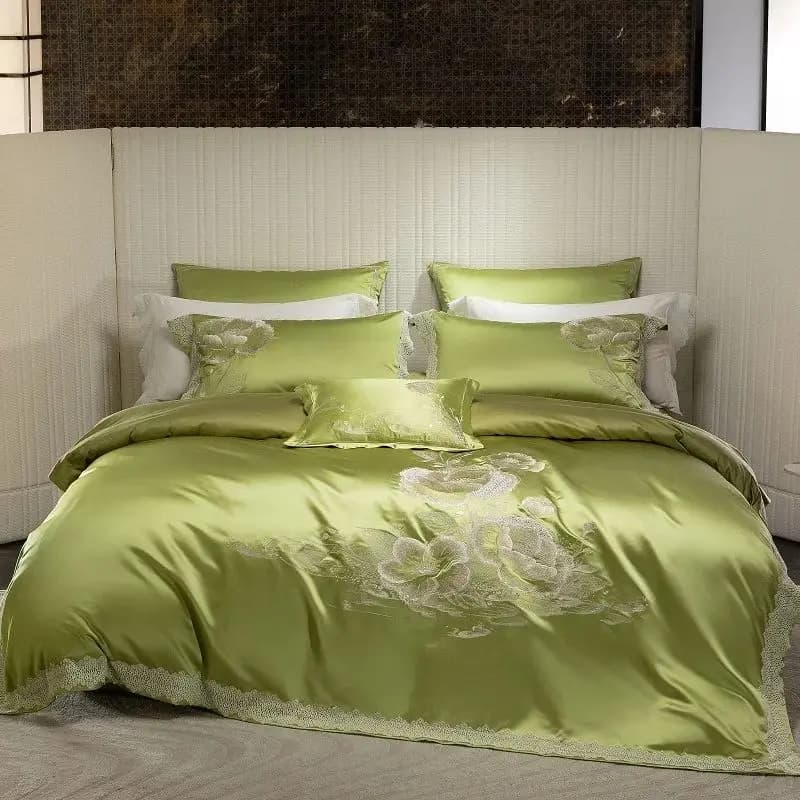 Set of luxury bedding silky soft cotton Egyptian brocade green Flowers embroidery duvet cover in lace pillowcase 4/6/7 pieces