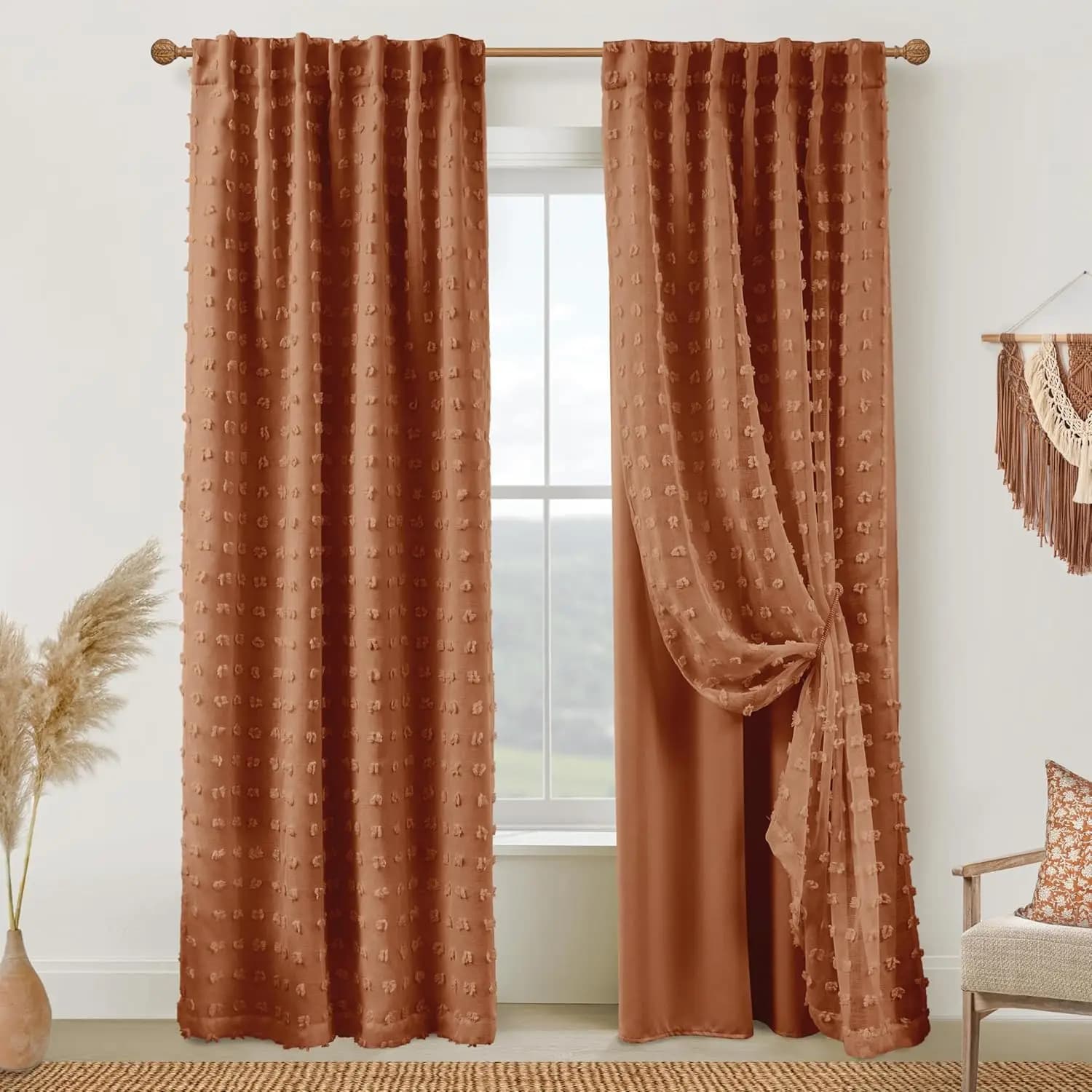 Tende Oscuranti Boho per Camera da Letto, Lunghezza 84 Pollici, Set di 2 Pannelli, Stile Vintage Rustico Terracotta con Motivo a Pompon Testurizzato