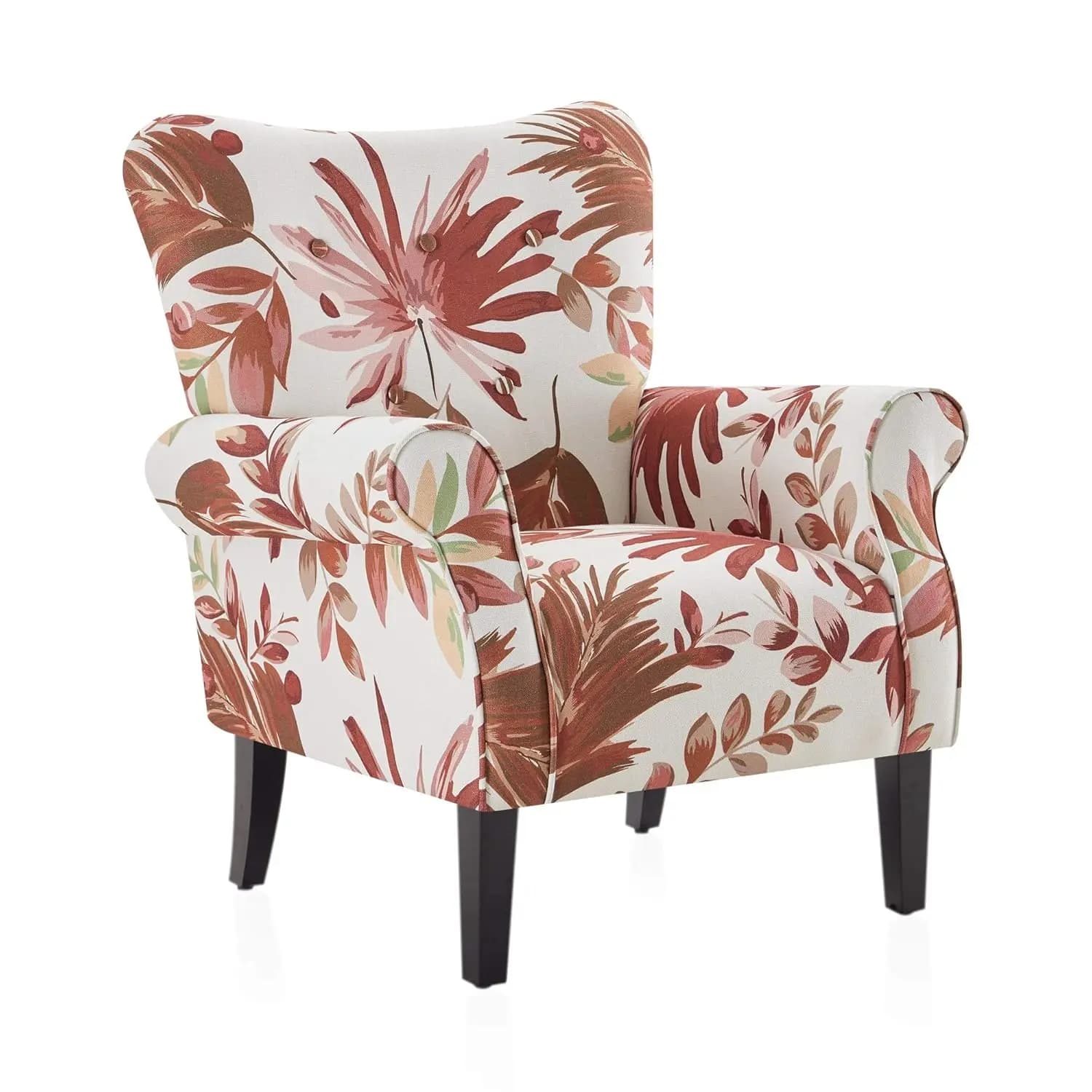 #Modern Floral High Back Armchair Wooden Legs Upholstered Wingback Padded Armrest Single Sofa Living Room Bedroom Red