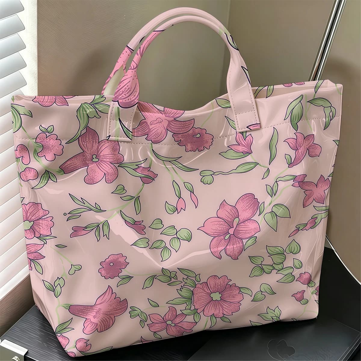 Blush Blossom Stylish Large Glossy PVC Tote Bag Washable Waterproof Durable Ideal for Travel Commute Cosmetics Books Handbags