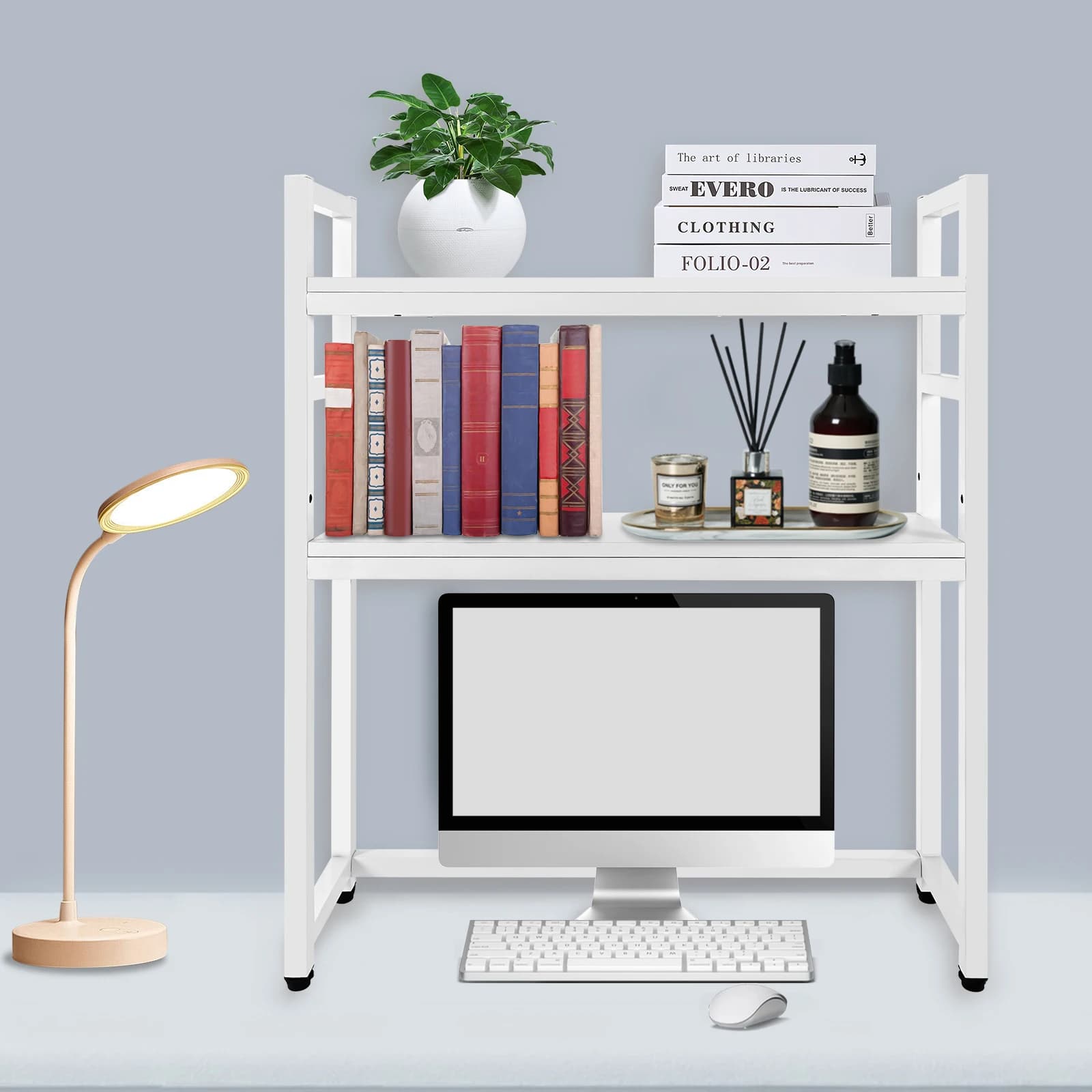 Libreria da tavolo per computer 90x75 cm Scaffale da appoggio multiuso a 2 livelli Organizzatore per rack in legno regolabile per ufficio dormitorio domestico