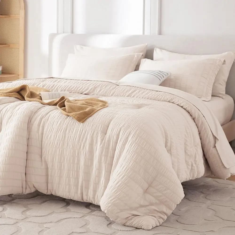 Set Copripiumino Matrimoniale 7 Pezzi, Set Letto Completo in Seersucker Queen Size, Set Biancheria da Letto di Lusso per Tutte le Stagioni con Piumone, Lenzuolo Piatto, Lenzuolo con Angoli