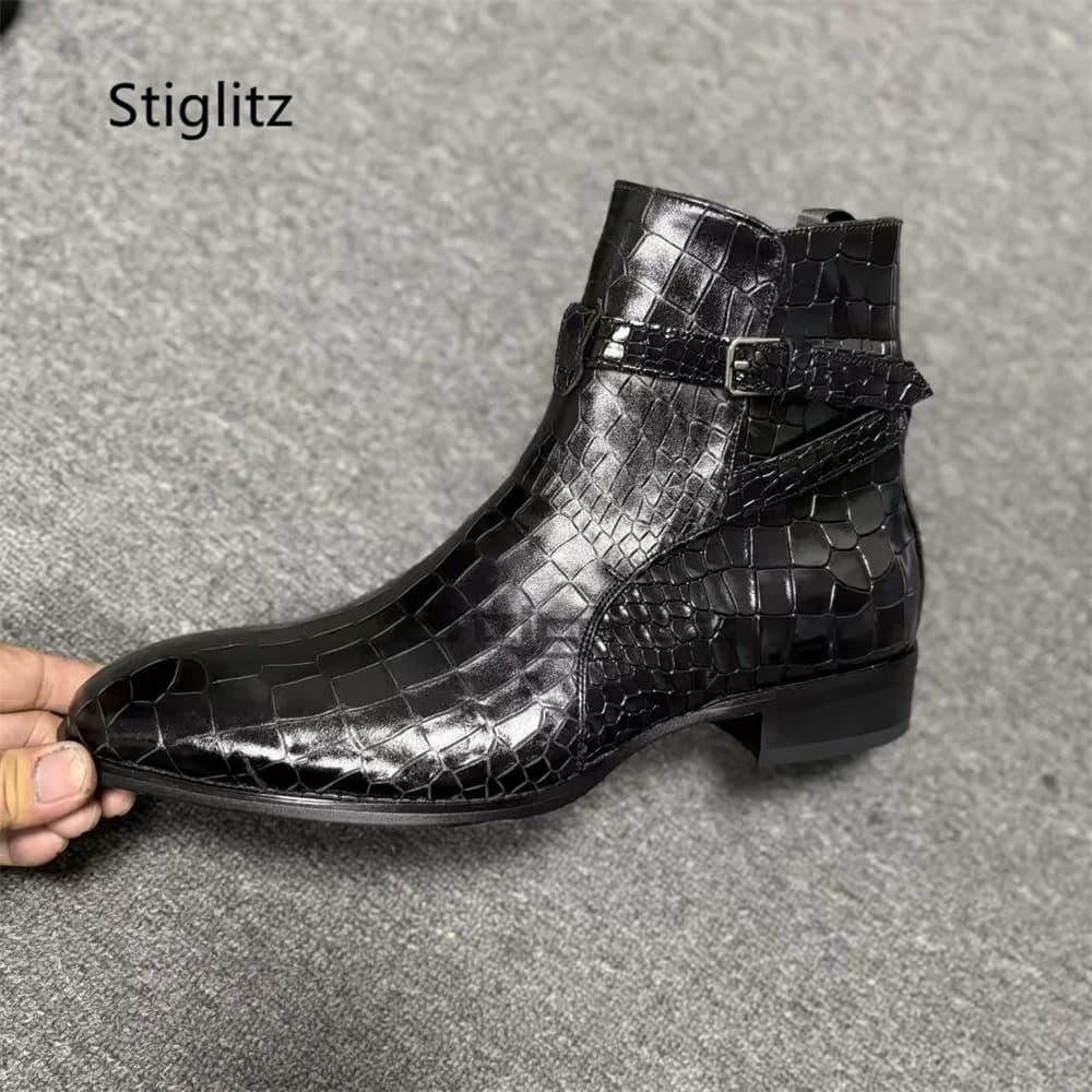 Stivaletti Chelsea da Uomo in Vera Pelle Nera con Stampa Coccodrillo, Fibbia a Cintura, Punta Affusolata e Tacco Basso – Scarpe Eleganti per Feste e Business