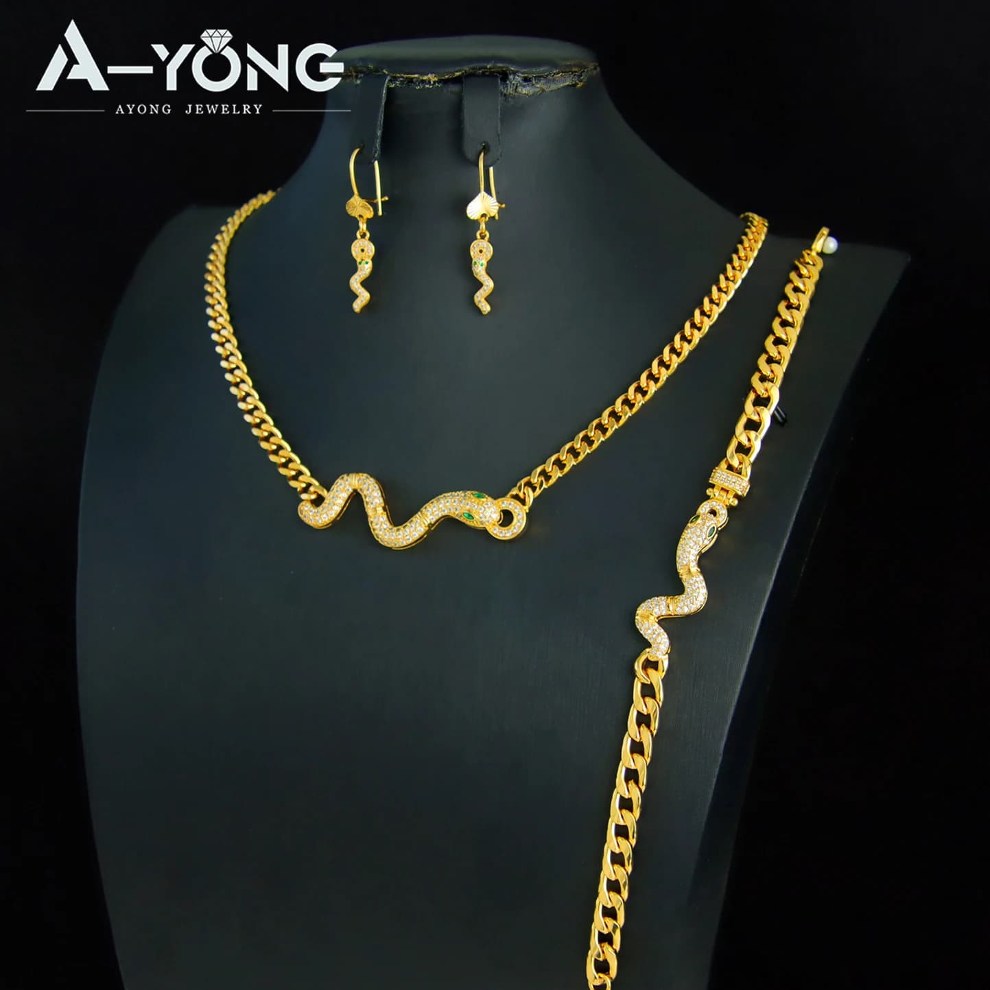 Brazilian Hip Hop Snake Charm Jewelry Set 21k Gold Plated High Quality Zirconia Saudi Animal Necklace African Vintage Jewelrys