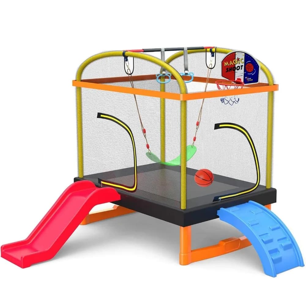 Trampolino Rettangolare 7-in-1 da 6,5 Piedi per Bambini, con Arrampicata, Scivolo, Altalena, Canestro da Basket, Multifunzionale per Interni, Personalizzabile